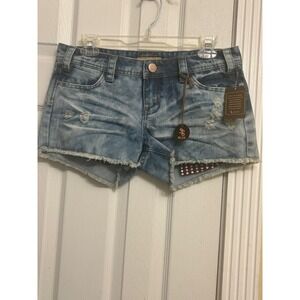 STS Blue Womens Distressed Denim Shorts Blue Low Rise Raw Hem Star Lining Sz 3